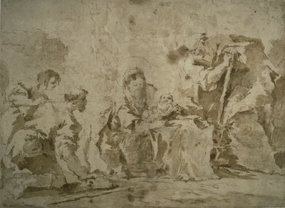 Hyrdernes tilbedelse (recto); Tre skitser: Bygninger ved kanal med både, landskab med bygninger på bjergskråning, bygninger med søjlegang (bagside) af Francesco Guardi
