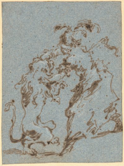 En elegant klædt kvinde, der kæmper med en løve af Francesco Guardi