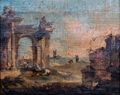 Caprice med figurer og ruiner, ca. 1775-1780 (olie på træ) af Francesco Guardi