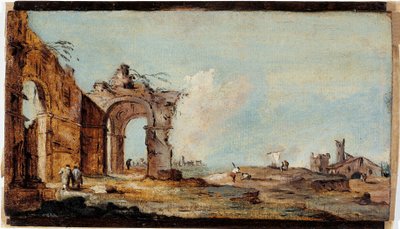 Caprice, med ruinbue og fiskerhuse af Francesco Guardi