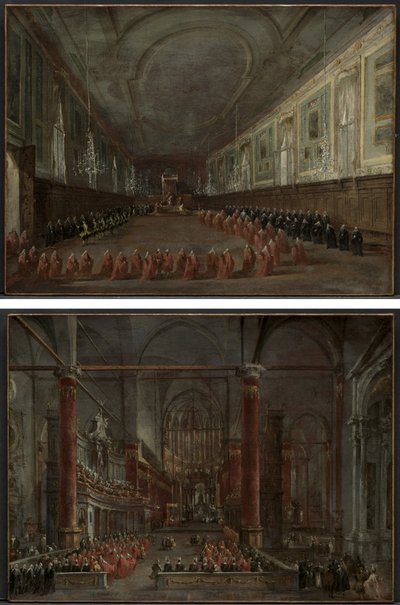 Pave Pius VI stiger ned på tronen for at tage afsked med dogen i SS Hall. Giovanni e Paolo, 1782 og pavelig ceremoni i SS. Giovanni e Paolo, Venedig, 1782 (par) af Francesco Guardi