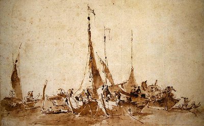 Undersøgelser af fiskerbåde (pen & blæk og vask på papir) af Francesco Guardi