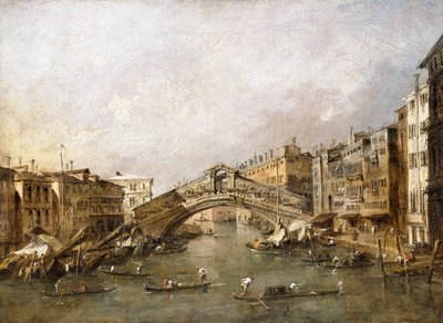 Rialtobroen, Venedig, med gondoler i forgrunden, af Francesco Guardi