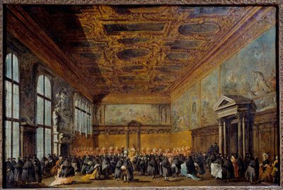 Publikum skænket af Dogen af Venedig (sandsynligvis Alvise IV Mocinego (1701-1778)) i College Hall ved Hertugpaladset i Venedig Maleri af Francesco Guardi (1712-1793) 1766-1770 Søn. 0,67 x 1,01 m af Francesco Guardi