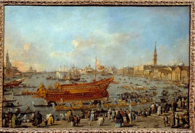Bucentaurens (Bucentoro) afgang mod Venedigs Lido på Kristi Himmelfartsdag Maleri af Francesco Guardi (1712-1793) 1766-1770 Søn. 0,66x1,01 m - Bucentaurens (Bucentoro) afgang til Venedigs Lido til Kristi Himmelfartsceremonien. Pai af Francesco Guardi
