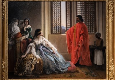 Giorgio Cornaro, sendt til Cypern af Republikken Venedig, informerer dronning Caterina Cornaro, en af hans slægtninge, at hun ikke længere er ejer af hendes regeringstid, da løvestandarden vinker på øens fæstning af Francesco Hayez