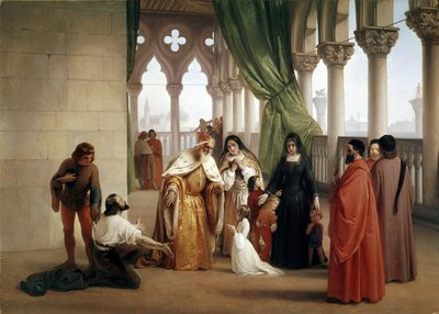 De to Foscari: Francesco Foscari, doge af Venedig, der forviser sin søn Jacopo anklaget for forræderisk korrespondance, mens han var i eksil (olie på lærred, ca. 1852) af Francesco Hayez