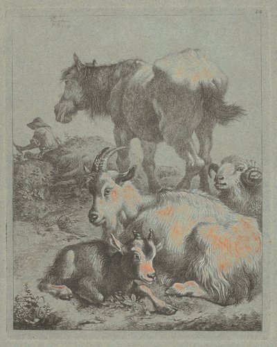 Hest, vædder, ged med kid, i det fjerne en hyrde med flok, 1759. af Francesco Londonio