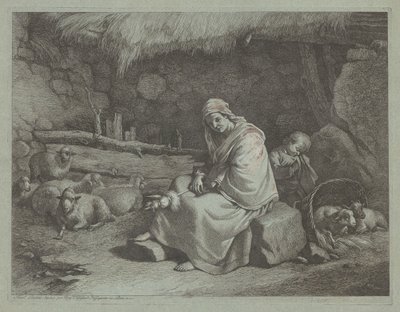 Interiør af en stald med siddende spinner og sovende barn, 17591782. af Francesco Londonio