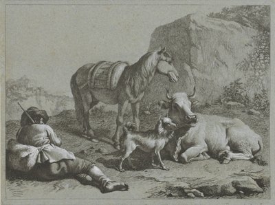 Liggende hyrde med hest, ko og hund Hyrdescener (serietitel) af Francesco Londonio