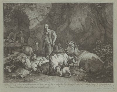 Gammel, skaldet-hovedet hyrde, siddende hyrdedreng og flok, efter 1766. af Francesco Londonio