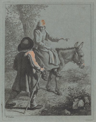 Bondekvinde siddende på et æsel og en bondemand. af Francesco Londonio