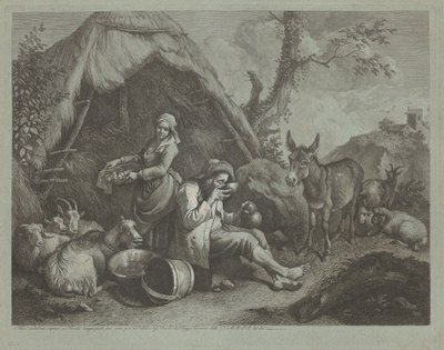 Siddende gammel mand og kvinde med en kurv med æg, 17591782. af Francesco Londonio