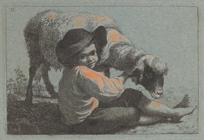 Siddende bondedreng holder et får af Francesco Londonio