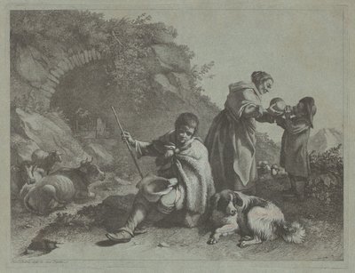 Siddende hyrde dreng og kvinde giver en drink til et barn, 17591782. af Francesco Londonio