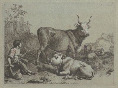 Siddende hyrde med en tyr og okse af Francesco Londonio