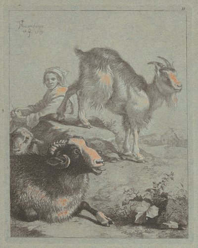 Siddende hyrdinde, en vædder, et får og en ged, 1759. af Francesco Londonio