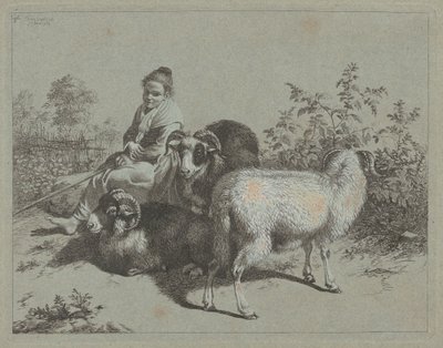 Siddende hyrdinde med tre væddere, 1762. af Francesco Londonio