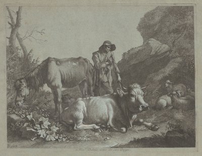 Hyrde hvilende på en vandrestav med en gammel hest og en liggende tyr, efter 1767. af Francesco Londonio