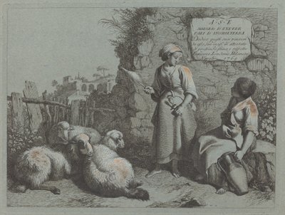 To piger i samtale: Den ene står og snurrer, 1764. af Francesco Londonio