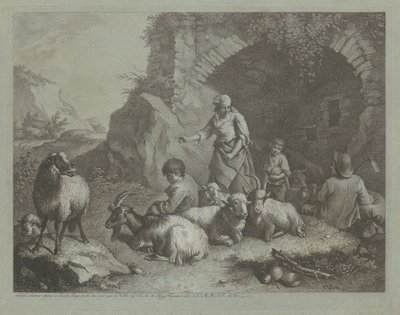 Kvinde, hyrdedrenge og får nær en bue, 17591782. af Francesco Londonio