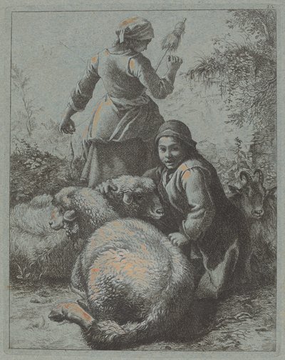 Kvindespinder og en hyrde med flok, 17581759. af Francesco Londonio