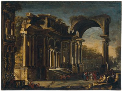Capriccio med romerske ruiner og Kristus med kvinden taget i utroskab af Francesco Maglioli