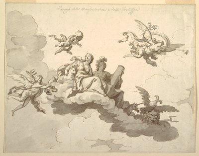 Tegning, Design til et malet loft: Sagtmodighedens og styrkens triumf, ca. 1780 af Francesco Manno