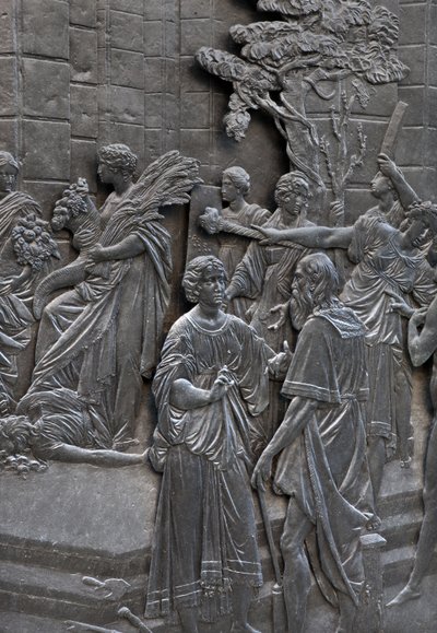 Base, der repræsenterer Alessandro Farnese, der modtager ambassadørerne for dronning Elisabeth af England, detalje af statuen af Alessandro Farnese af Francesco Mochi