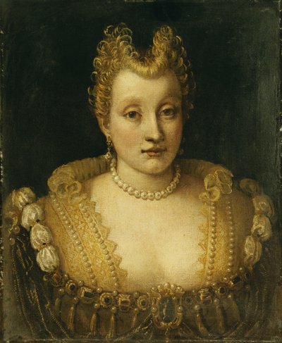 Portræt af en dame, der siges at være af Contarini-familien, brystlængde, iført en udsøgt kjole med juveler og en perlehalskæde og øreringe, af Francesco Montemezzano