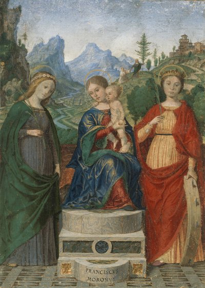 Jomfru og barn på tronen mellem de hellige Cecilia og Catherine af Alexandria, ca. 1510-15. af Francesco Morone