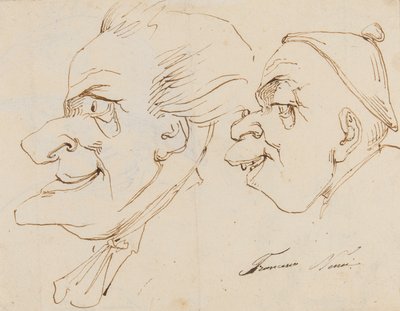 Side med karikaturer (blyant, pen og blæk på papir) af Francesco Nenci