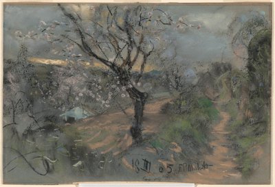 En bakkesti med blomstrende kirsebærtræer under en overskyet himmel af Francesco Paolo Michetti