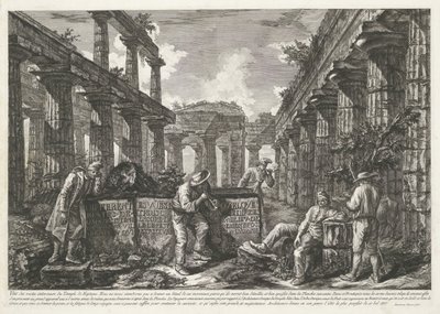 Titeltryk med rester af Neptuntemplet i Paestum med titel på blokke Forskellige visninger af resterne af tre store bygninger, der stadig står ved Paestum (serietitel) Différentes vues de quelques hviler de trois grands édifices qui af Francesco Piranesi