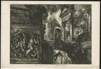 Titelprent sætter tempel i byggefragmenten Pompeia Tome Premier (titel på objekt) Stor frontispice af det første bind af Pompeïas antikviteter / Templet brændt for anden gang / Kæmpernes krig mod Jupiter (titel på objektet) af Francesco Piranesi