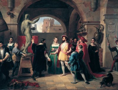 Kong Francois I af Frankrig (1494-1547) besøger Buenvenuto Cellinis (1500-1571) atelier i Rom. Maleren forærer kongen en skulptur af Sankt Johannes Evangelisten Anonymes maleri. Roma, Galleria Nazionale d