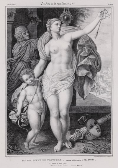 Allegorisk maleri af Diane de Poitiers, elskerinde til kong Henrik II af Frankrig (litho) af Francesco Primaticcio