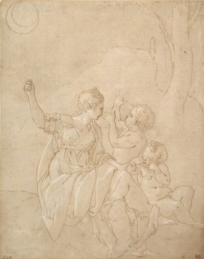 Klassisk kvindefigur Diana eller Venus med to spædbørn, ca. 1539-42. af Francesco Primaticcio
