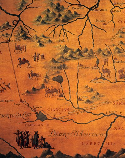 Detalje af Marco Polos rute gennem østlige ørkener, kort over Tartar af Francesco and Ramusio Giovan Battista Grisellini