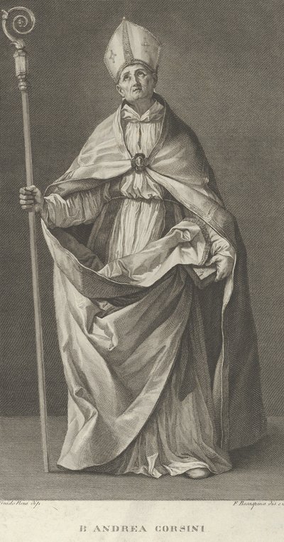 Sankt Andrea Corsini klædt sig ud som biskop af Fiesole, holder en krydser og kigger ..., ca. 1780-1841. af Francesco Rosaspina