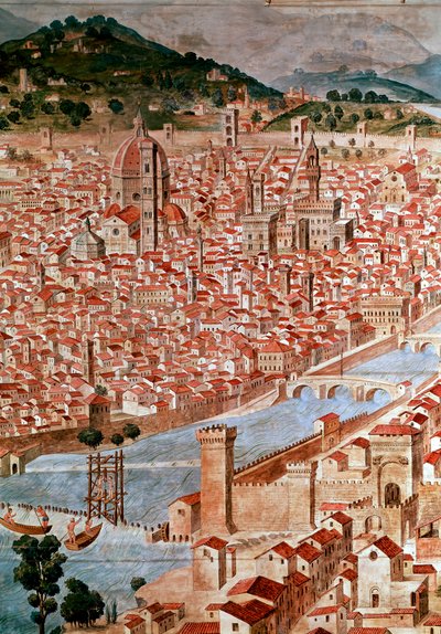 Pianta della Catena Detalje af et kort over byen Firenze kaldet "Catena"" på grund af kortets ramme i form af en kæde. Realiseret af Francesco di Lorenzo Rosselli (1448-1513) i 1490. Firenze, Museo Firenze com 