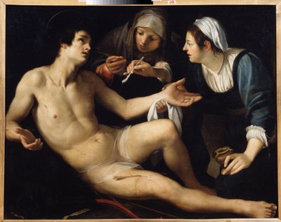 Sankt Sebastian (Sankt Sebastian). Han bliver plejet fra sine sår af en ung enke, Saint Irene. Maleri af Francesco Rustici (ca. 1575-1626). Olie på lærred, 119 x 148 cm. Kunst fra Siena, italiensk manerisme. Statens kunstmuseum, Jekaterinburg. af Francesco Rustici