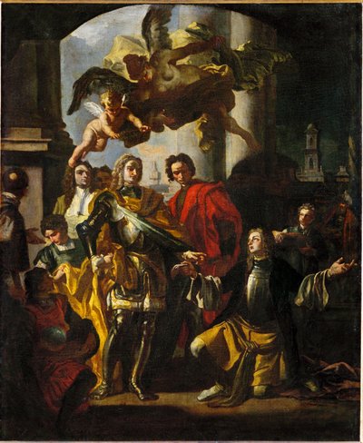 Gundaker grev Althan, direktør for de kejserlige bygninger, præsenterer kejser Karl VI for opgørelsen over det nye malerigalleri i Stallburg. af Francesco Solimena