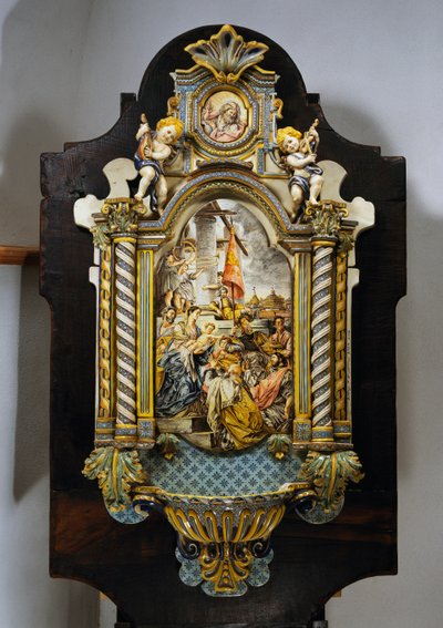 Stor helligvandsfont i malet majolica med central scene fra maleriet Adoration of the Magi af Francesco Solimena (1657-1747), Italien, 20. århundrede af Francesco Solimena