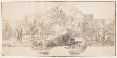 Studie til maleri "The Landing of Columbus in America," Sala del Minor Consiglio, Palazzo Ducale, Genova, Italien af Francesco Solimena