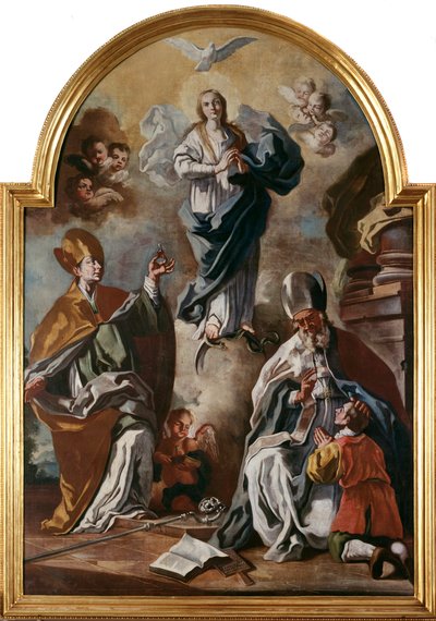 Helligåndens due dukker op over Jomfruen med helgener (olie på lærred af Francesco Solimena
