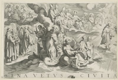 Kort over Siena (øverst til venstre) Senavetus civitas virginis (titel på objekt) af Francesco Vanni