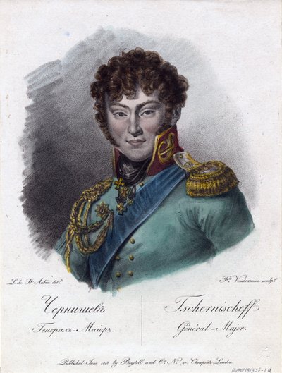 Portræt af grev Alexander Ivanovich Chernyshov (Prins Alexandre Ivanovitch Tchernychev ou Tchernychiov ou Czernichev) (1786-1857) - Vendramini, Francesco (1780-1856) - 1813 - Radering, akvarel - 224,2x18, af Francesco Vendramini