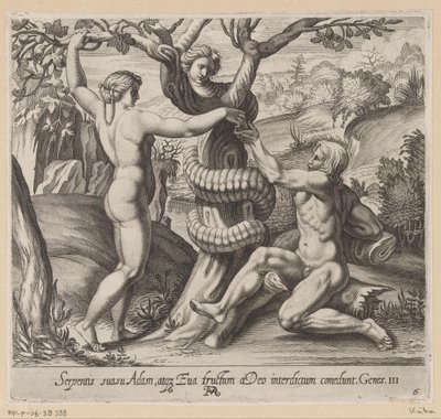 Eva tilbyder Adam den forbudte frugt Malerier i Raphaels Loggia (serietitel) La Sacra Genesi (serietitel) af Francesco Villamena