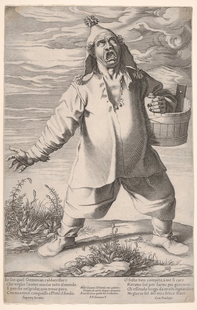 Geminiano Caldarostaro græder og holder en balje, med en kvasthat, ca. 1597-1601. af Francesco Villamena